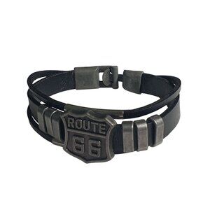 Route 66 Leather Bracelet Black Mens Jewelry Vintage Style Clasp Latch Biker